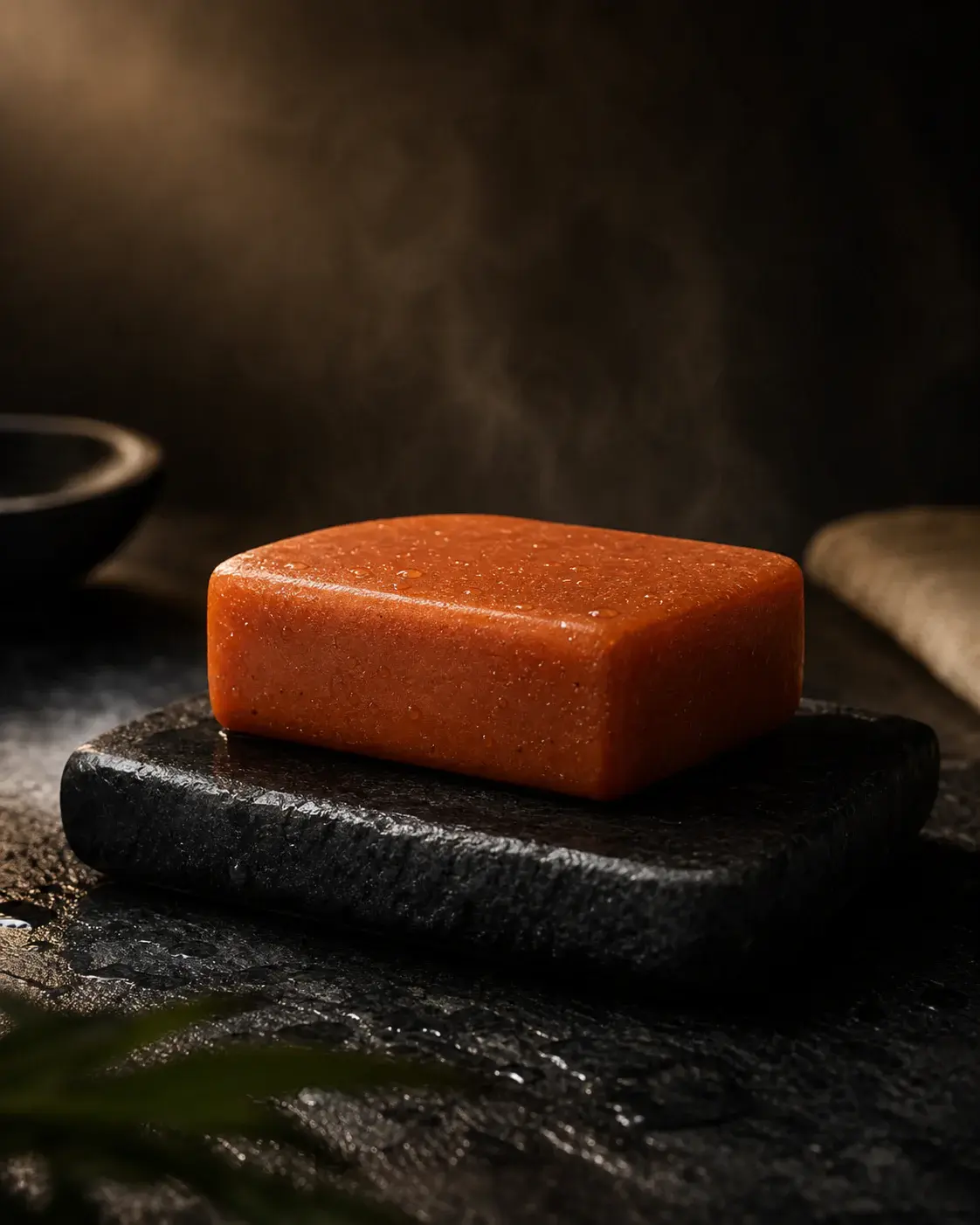 KAKI No. 01 body bar in persimmon lacquer, resting on a dark stone tray under warm light